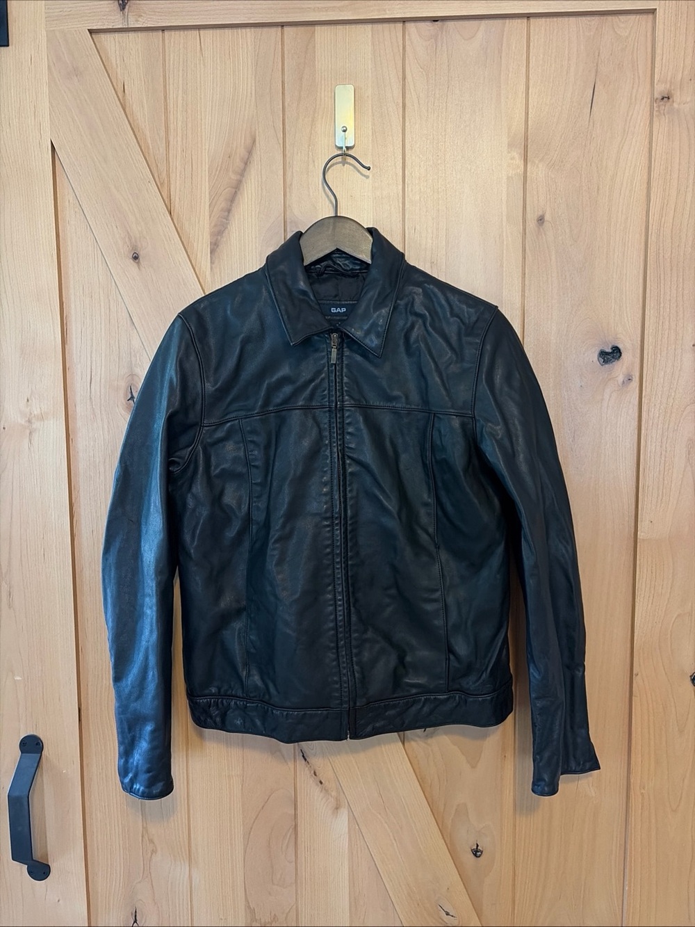 VTG Gap Leather Jacket Mens Small Motorcycle Cafe Racer Black Full Zip 2002 Y2k